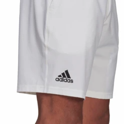 Adidas Men's Club Stretch Woven 9-Inch Shorts (White/Black) -Racquet Guys Shop GH7222 APP on model detail 2 white 7f9b3d5a 8aa5 4a09 af88 6399e0a92d13