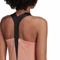 Adidas Women's Tennis Primeblue Aeroknit Y-Tank Top (Ambient Blush) -Racquet Guys Shop H31426 APP on model detail 2 white