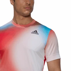 Adidas Men's Melbourne FreeLift Printed Top (White/Vivid Red/Black) -Racquet Guys Shop H67126 APP on model detail 1 white
