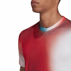 Adidas Men's Melbourne FreeLift Printed Top (White/Vivid Red/Black) -Racquet Guys Shop H67126 APP on model detail 2 white