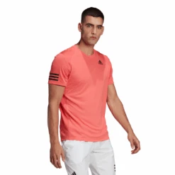 Adidas Men's 3 Stripes Club Top (Semi Turbo/Black) -Racquet Guys Shop HB9075 APP on model walking white